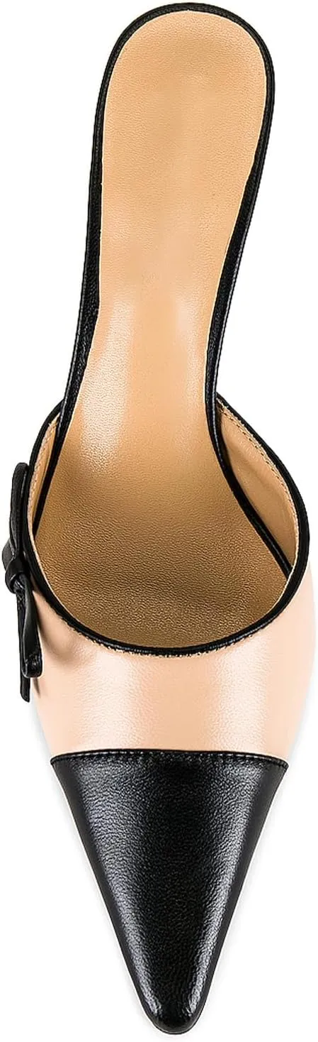 Mule Heels for Women Pointed Closed Toe Two Tone Kitten Heels with Bow