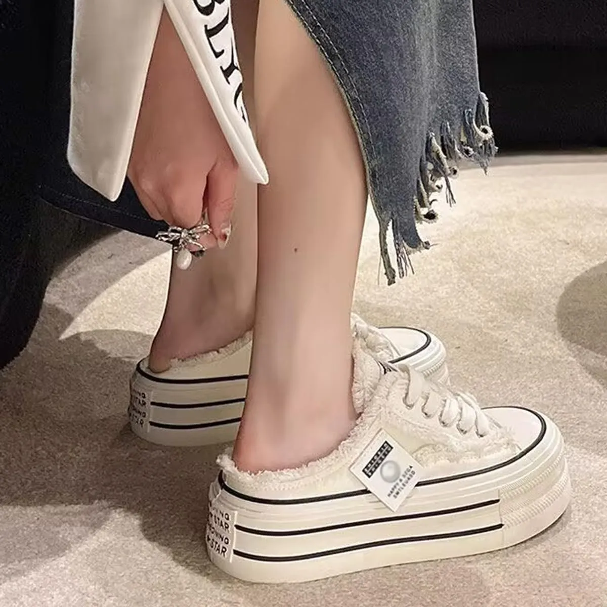 Mule Sneakers for Women 2025,Women's Canvas Mule Sneakers, Slip on Platform Sneakers for Women,Breathable Casual Shoes Indoor Outdoor, Comfortable Slip-On Mule Backless Holiday Shoes