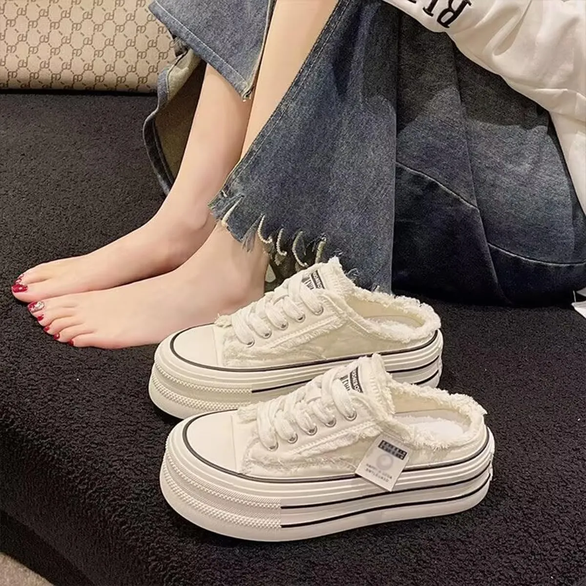 Mule Sneakers for Women 2025,Women's Canvas Mule Sneakers, Slip on Platform Sneakers for Women,Breathable Casual Shoes Indoor Outdoor, Comfortable Slip-On Mule Backless Holiday Shoes