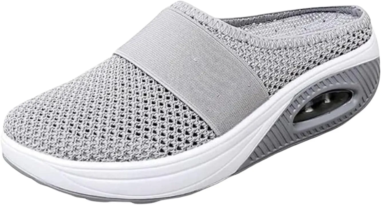 Mules for Women Comfortable Summer Comfort Mesh Hollow Out Backless Walking Sneakers Trendy Slip On Diabetic Air-Cushion Orthopedic Shoes BreathableWedge Platform Slippers with Arch Support