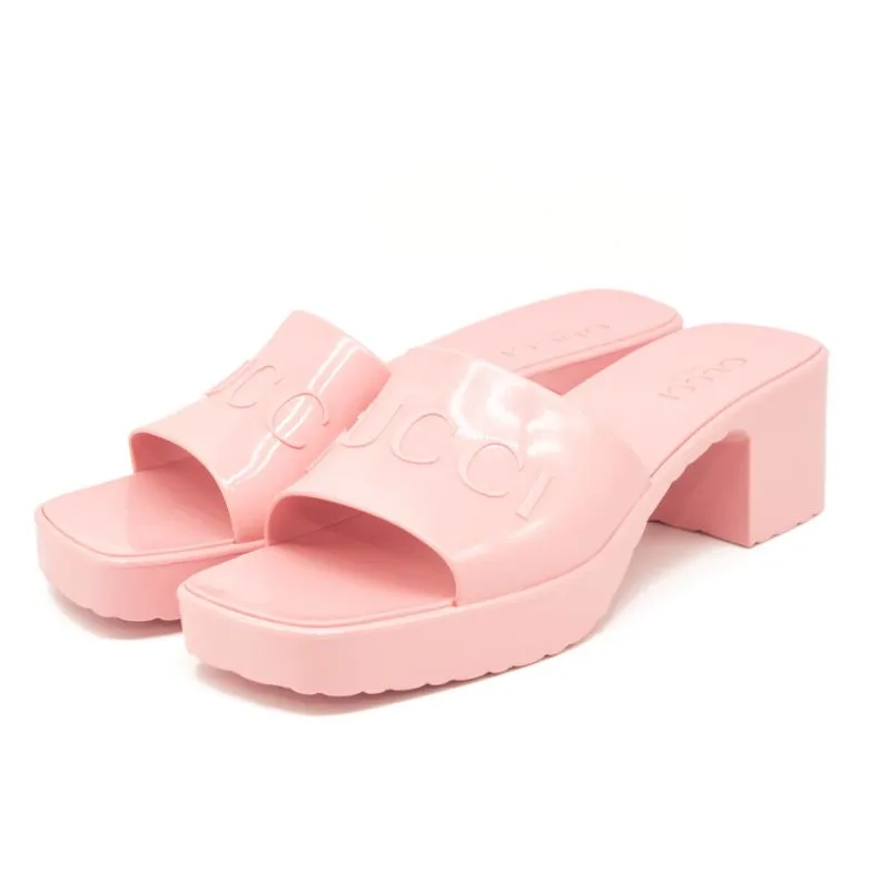 NEW Gucci Rubber Logo Platform Slide Sandal Pink EU 38