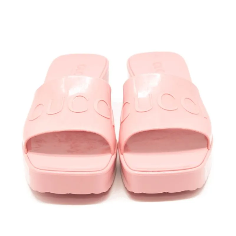 NEW Gucci Rubber Logo Platform Slide Sandal Pink EU 38