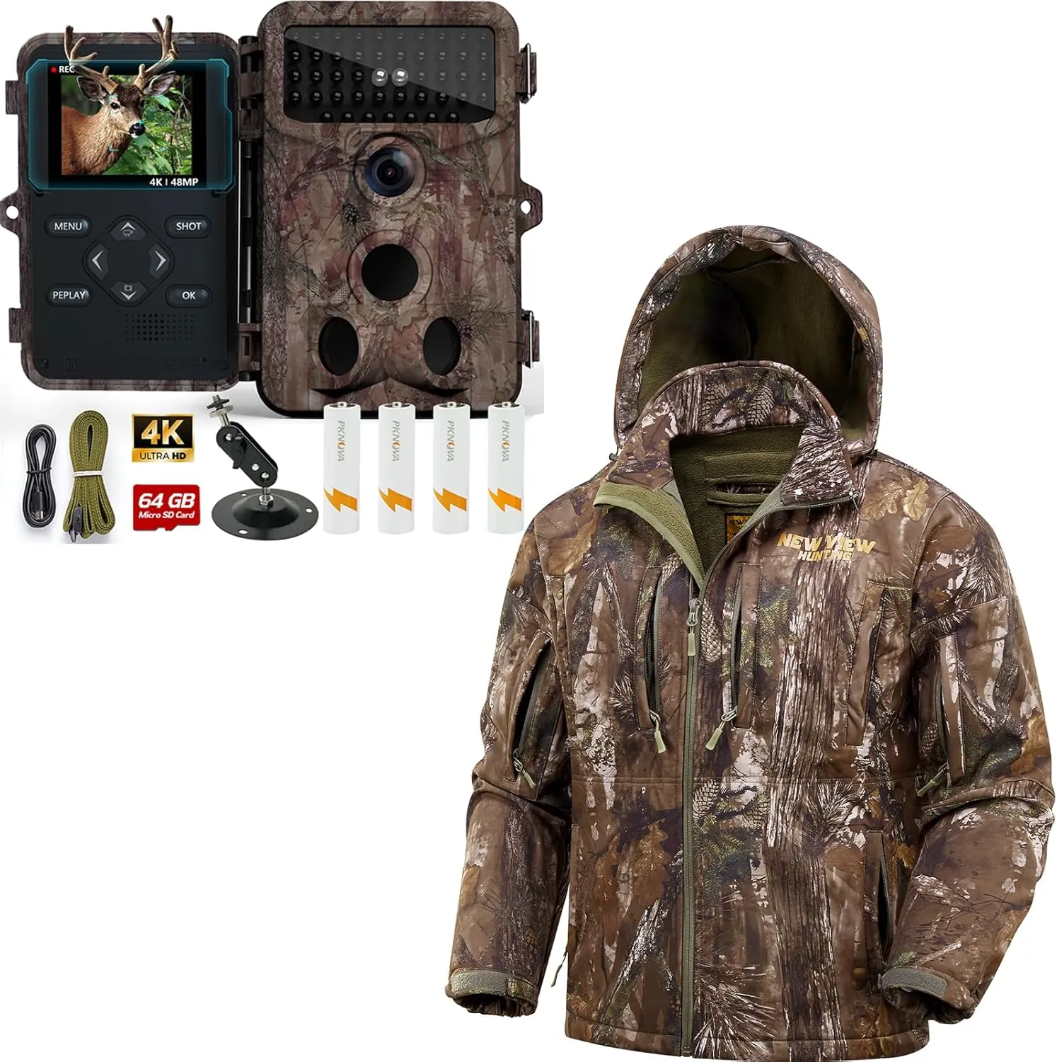 NEW VIEW Size 3XL Tree Camo Hunting Jacket and 4K 48MP Trail Camera