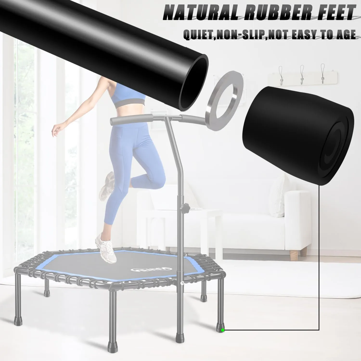 Newan 48'' Fitness Trampoline with Adjustable Handle Bar, Silent Trampoline Bungee Rebounder Jumping Cardio Trainer Workout for Adults - Max Limit 330 lbs