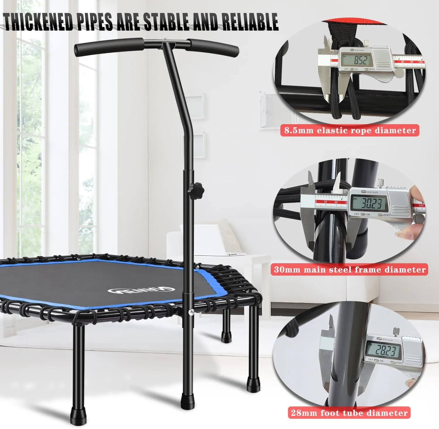 Newan 48'' Fitness Trampoline with Adjustable Handle Bar, Silent Trampoline Bungee Rebounder Jumping Cardio Trainer Workout for Adults - Max Limit 330 lbs