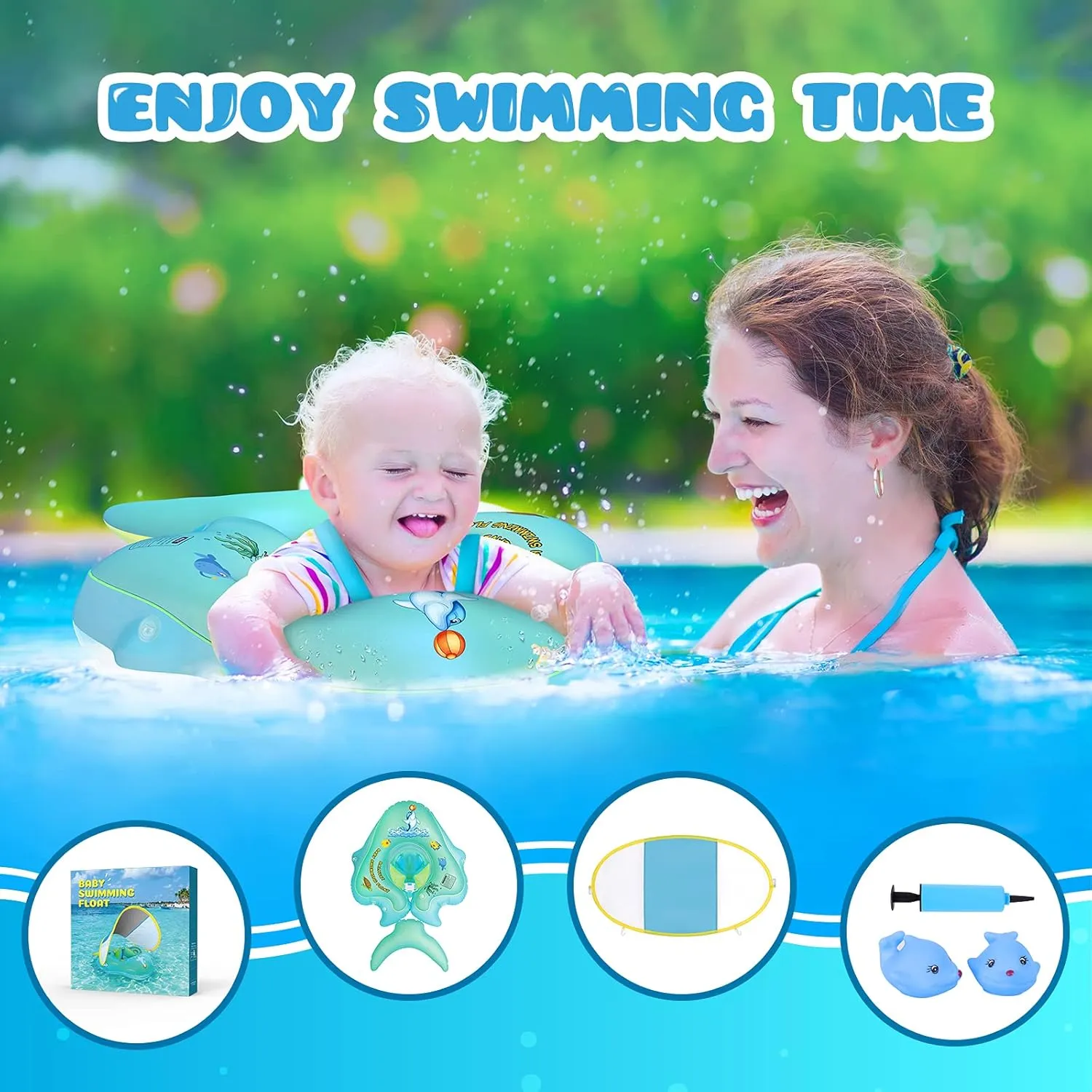 No Flip Over Baby Pool Float with Canopy UPF50  Sun Protection, Inflatable Baby Float with Sponge Safety Support Bottom, Fun Gifts Water Toys Accessories Baby Swim Floats for Pool 3-36 Months