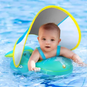 No Flip Over Baby Pool Float with Canopy UPF50  Sun Protection, Inflatable Baby Float with Sponge Safety Support Bottom, Fun Gifts Water Toys Accessories Baby Swim Floats for Pool 3-36 Months
