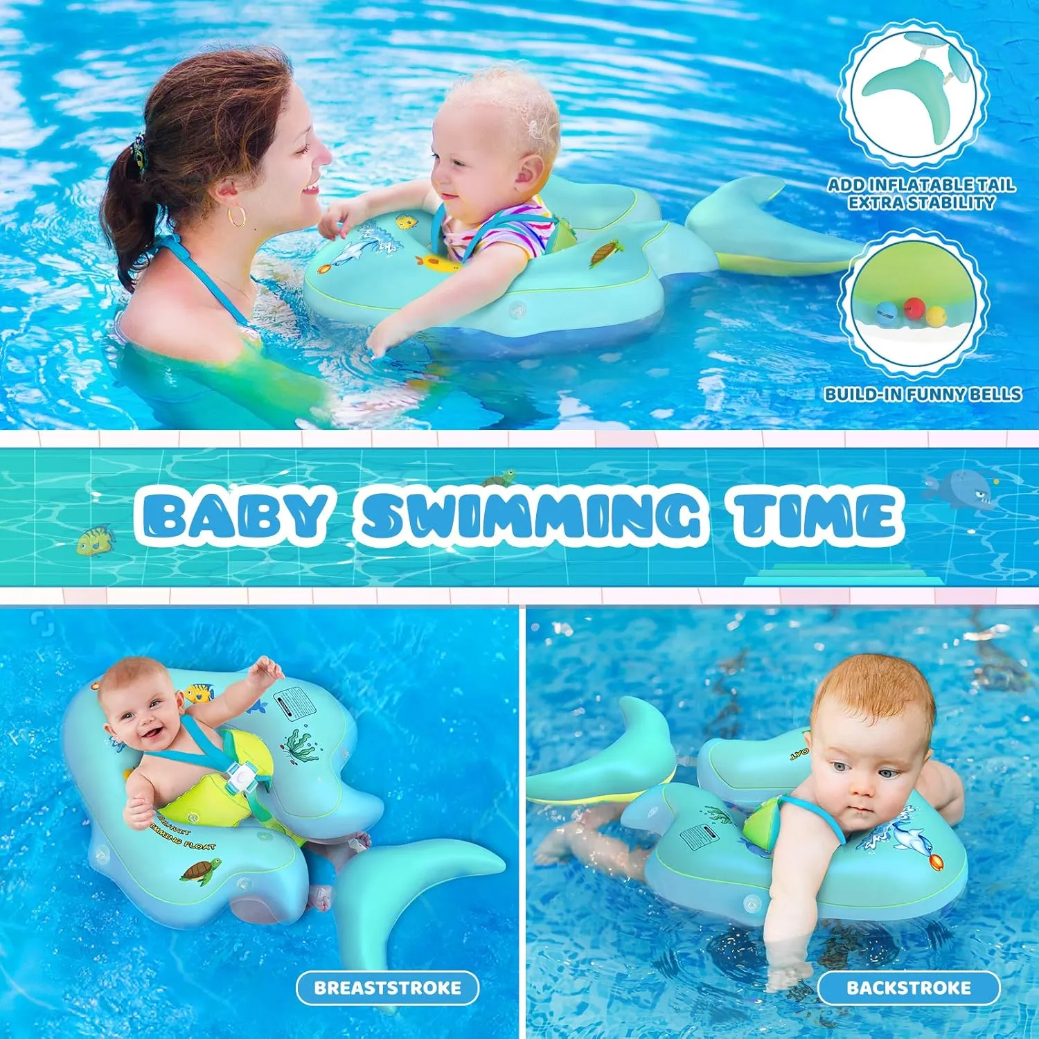 No Flip Over Baby Pool Float with Canopy UPF50  Sun Protection, Inflatable Baby Float with Sponge Safety Support Bottom, Fun Gifts Water Toys Accessories Baby Swim Floats for Pool 3-36 Months
