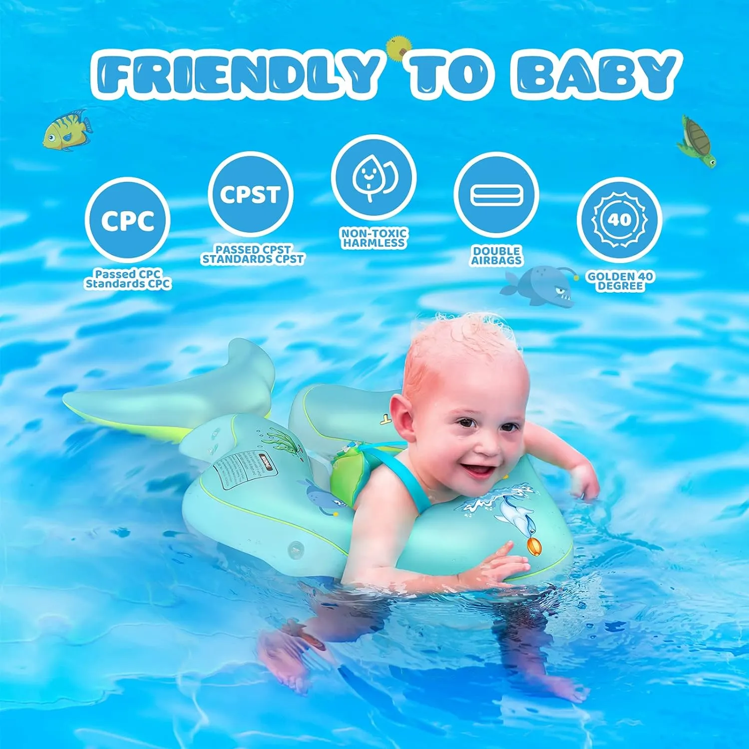 No Flip Over Baby Pool Float with Canopy UPF50  Sun Protection, Inflatable Baby Float with Sponge Safety Support Bottom, Fun Gifts Water Toys Accessories Baby Swim Floats for Pool 3-36 Months