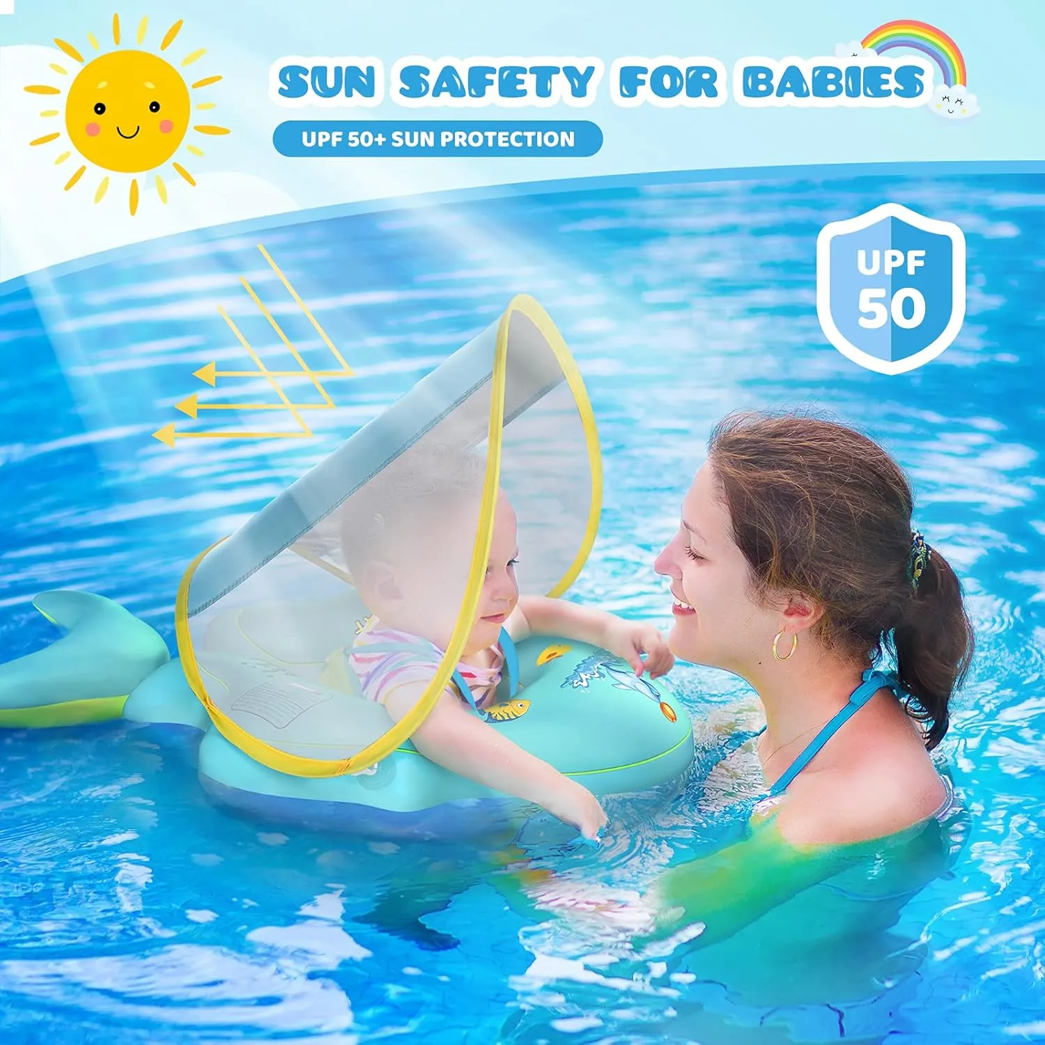 No Flip Over Baby Pool Float with Canopy UPF50  Sun Protection, Inflatable Baby Float with Sponge Safety Support Bottom, Fun Gifts Water Toys Accessories Baby Swim Floats for Pool 3-36 Months
