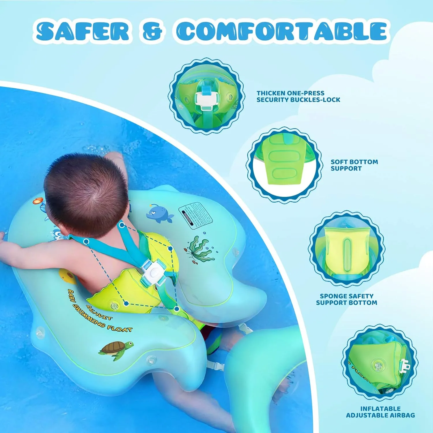 No Flip Over Baby Pool Float with Canopy UPF50  Sun Protection, Inflatable Baby Float with Sponge Safety Support Bottom, Fun Gifts Water Toys Accessories Baby Swim Floats for Pool 3-36 Months