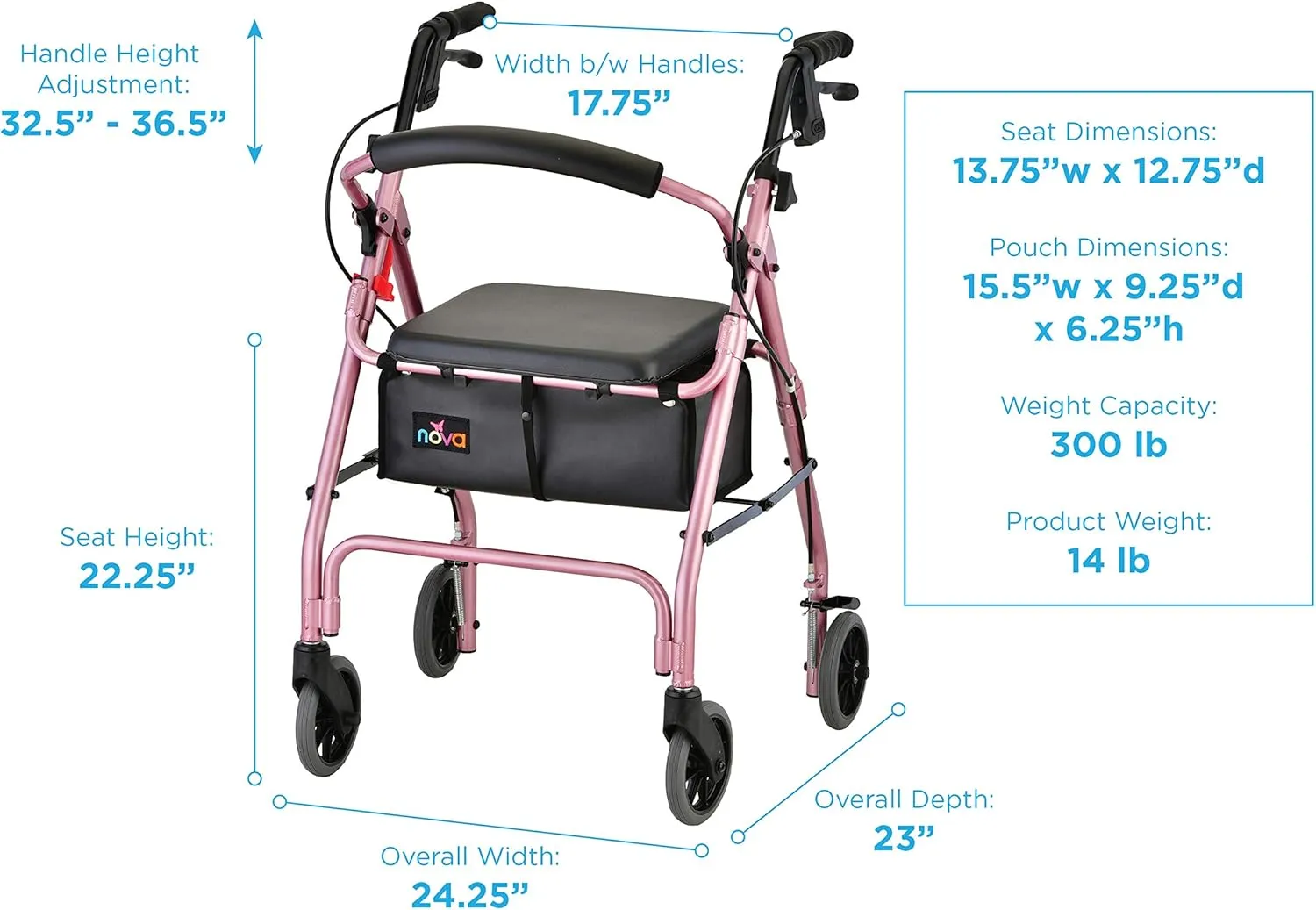 NOVA Medical Products GetGo Classic Rollator Walker, Pink, 1 Count