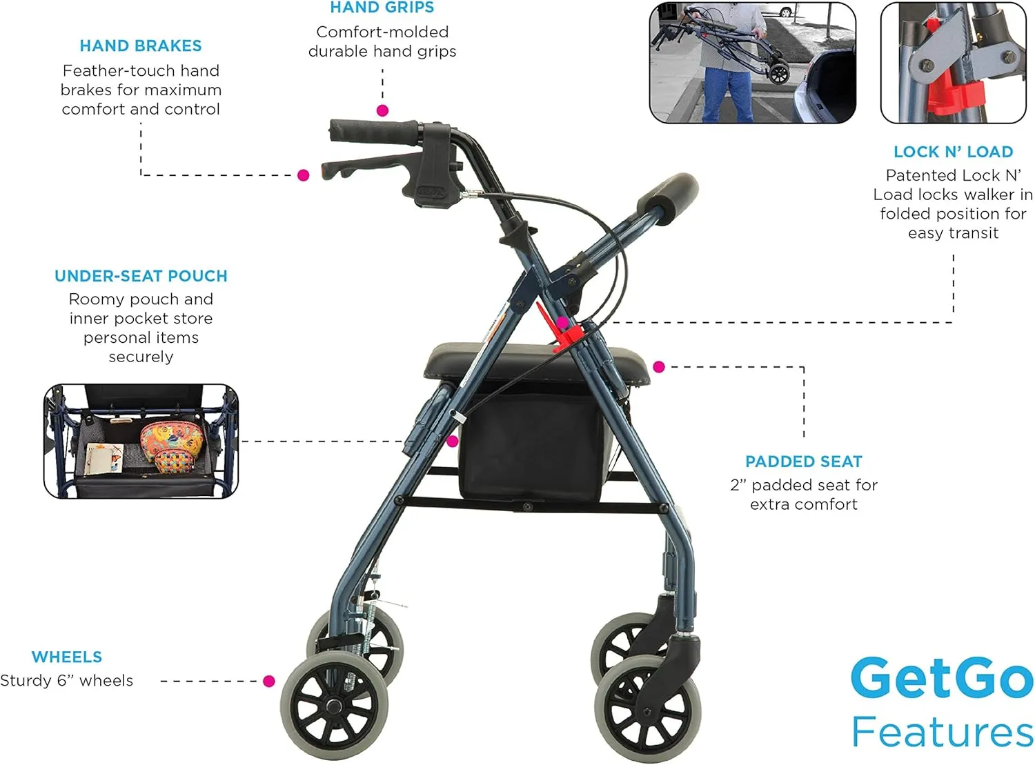 NOVA Medical Products GetGo Petite Rollator Walker for Height 4’0” - 5”4”, Blue, 1 Count