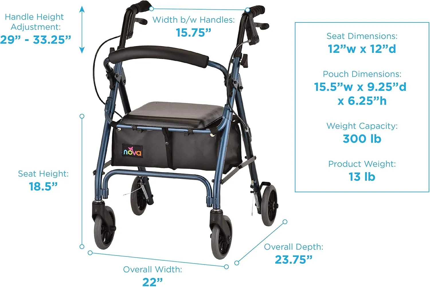 NOVA Medical Products GetGo Petite Rollator Walker for Height 4’0” - 5”4”, Blue, 1 Count