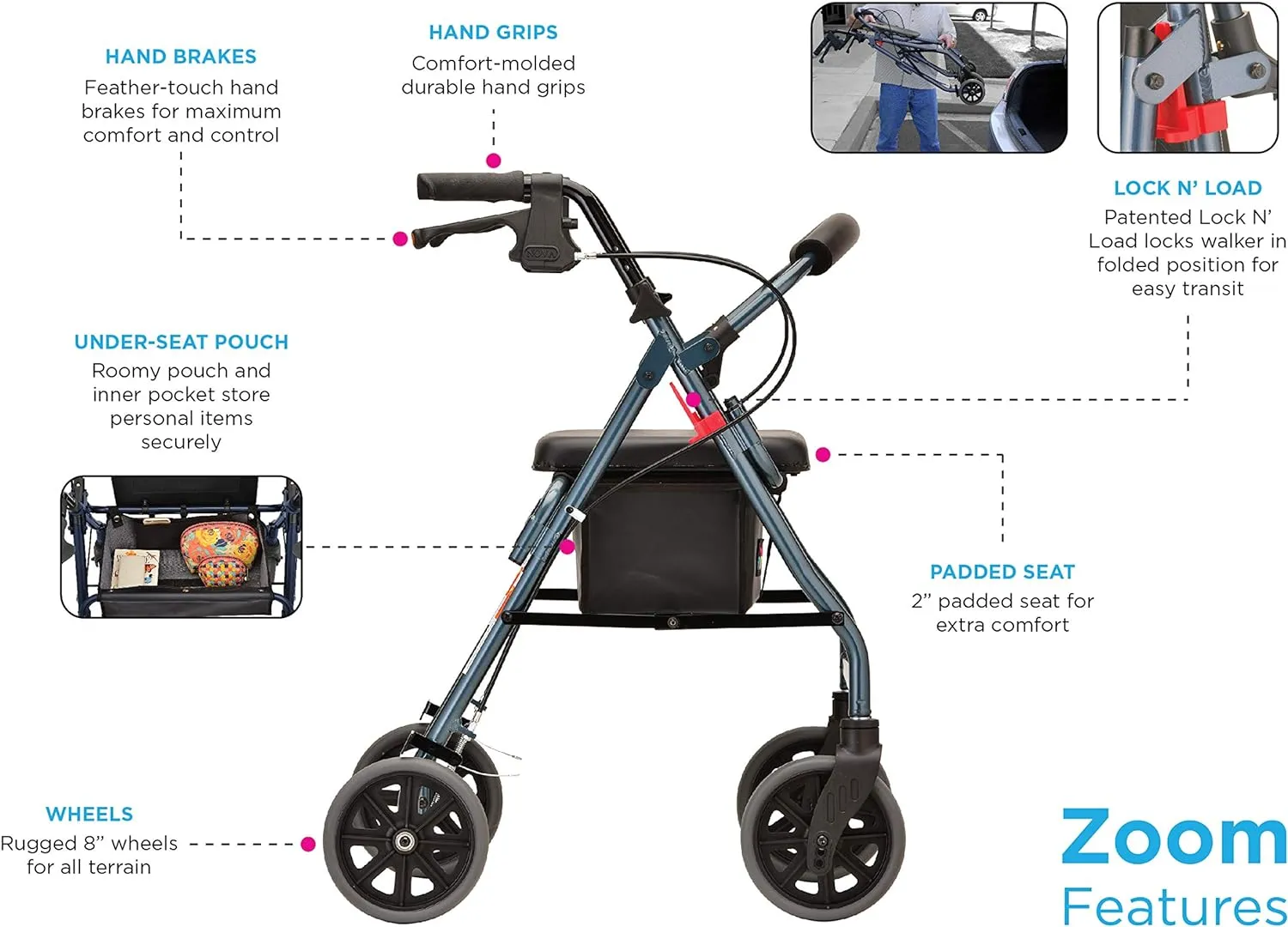NOVA Medical Products Zoom Rollator Walker, Purple, 20 Inch