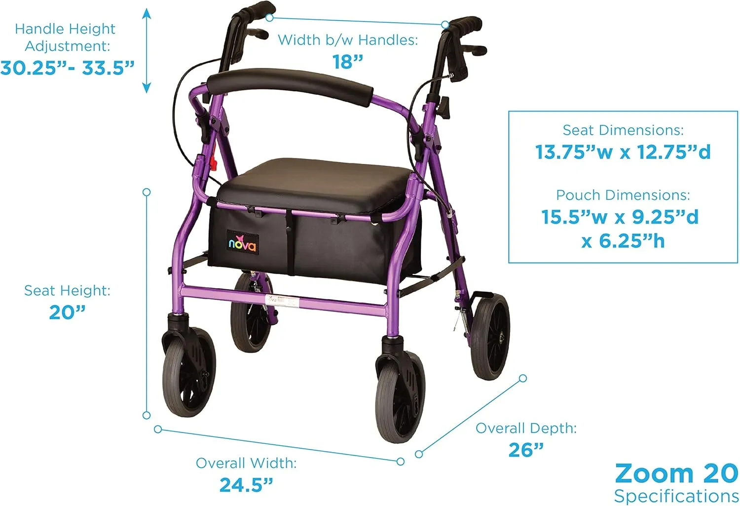 NOVA Medical Products Zoom Rollator Walker, Purple, 20 Inch
