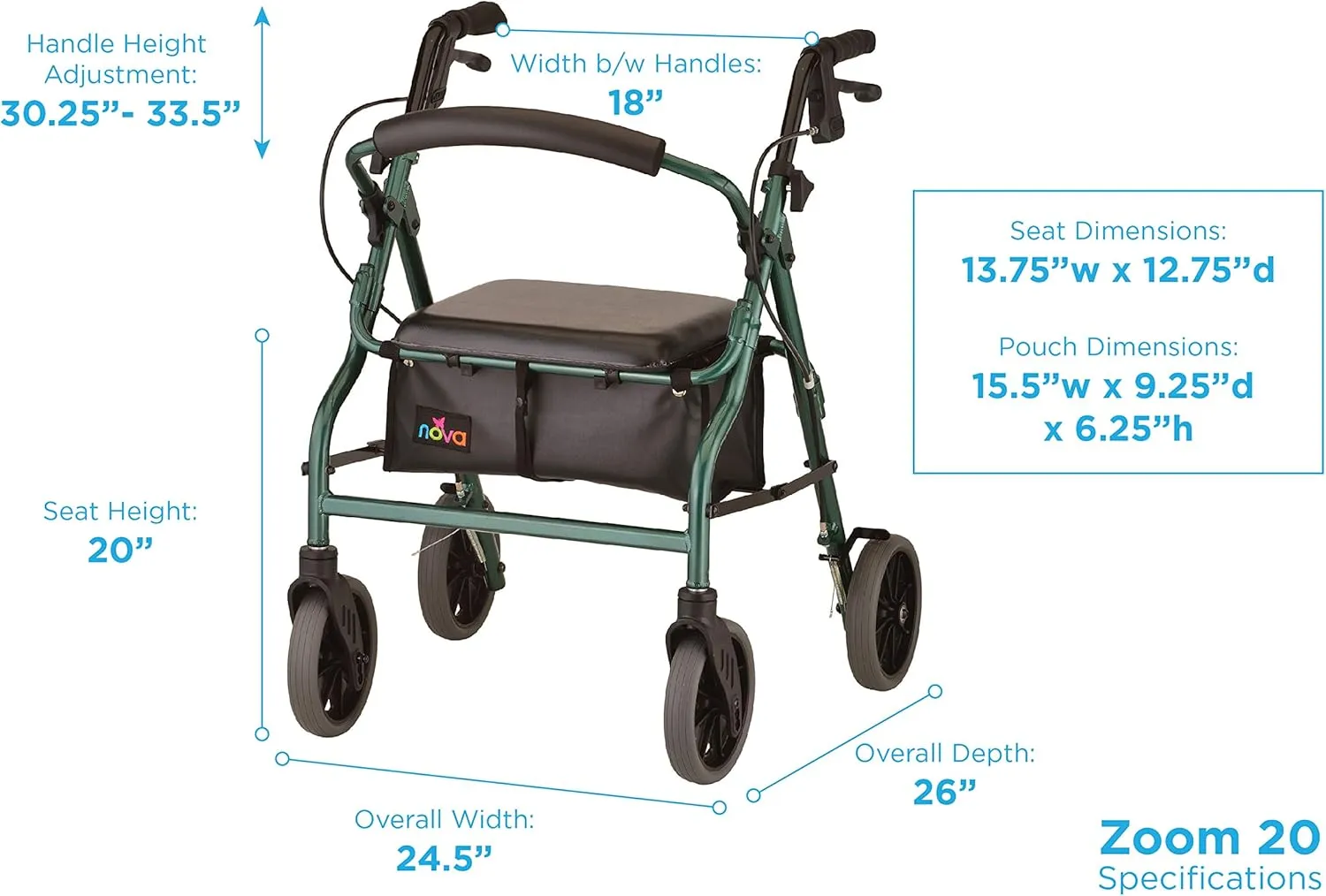 NOVA Medical Products Zoom Rollator Walker with 20" Seat Height, Green, 20 Inch