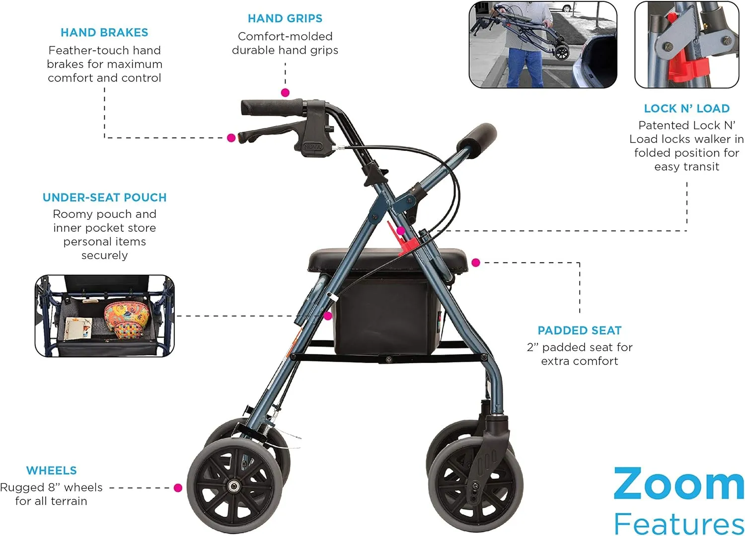 NOVA Medical Products Zoom Rollator Walker with 20" Seat Height, Green, 20 Inch