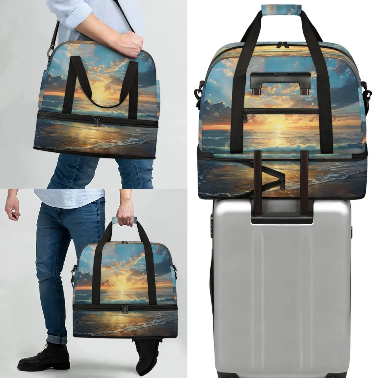 Ocean Sunset CloudTravel Duffel Bags for Women & Men Large Sports Gym Bags Foldie Weekender Overnight Bag Carry On Tote Bag With Shoe Compartment Personal Item Bag for Travel Sports Gym