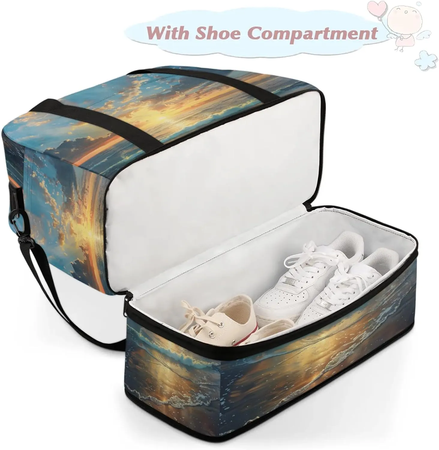 Ocean Sunset CloudTravel Duffel Bags for Women & Men Large Sports Gym Bags Foldie Weekender Overnight Bag Carry On Tote Bag With Shoe Compartment Personal Item Bag for Travel Sports Gym