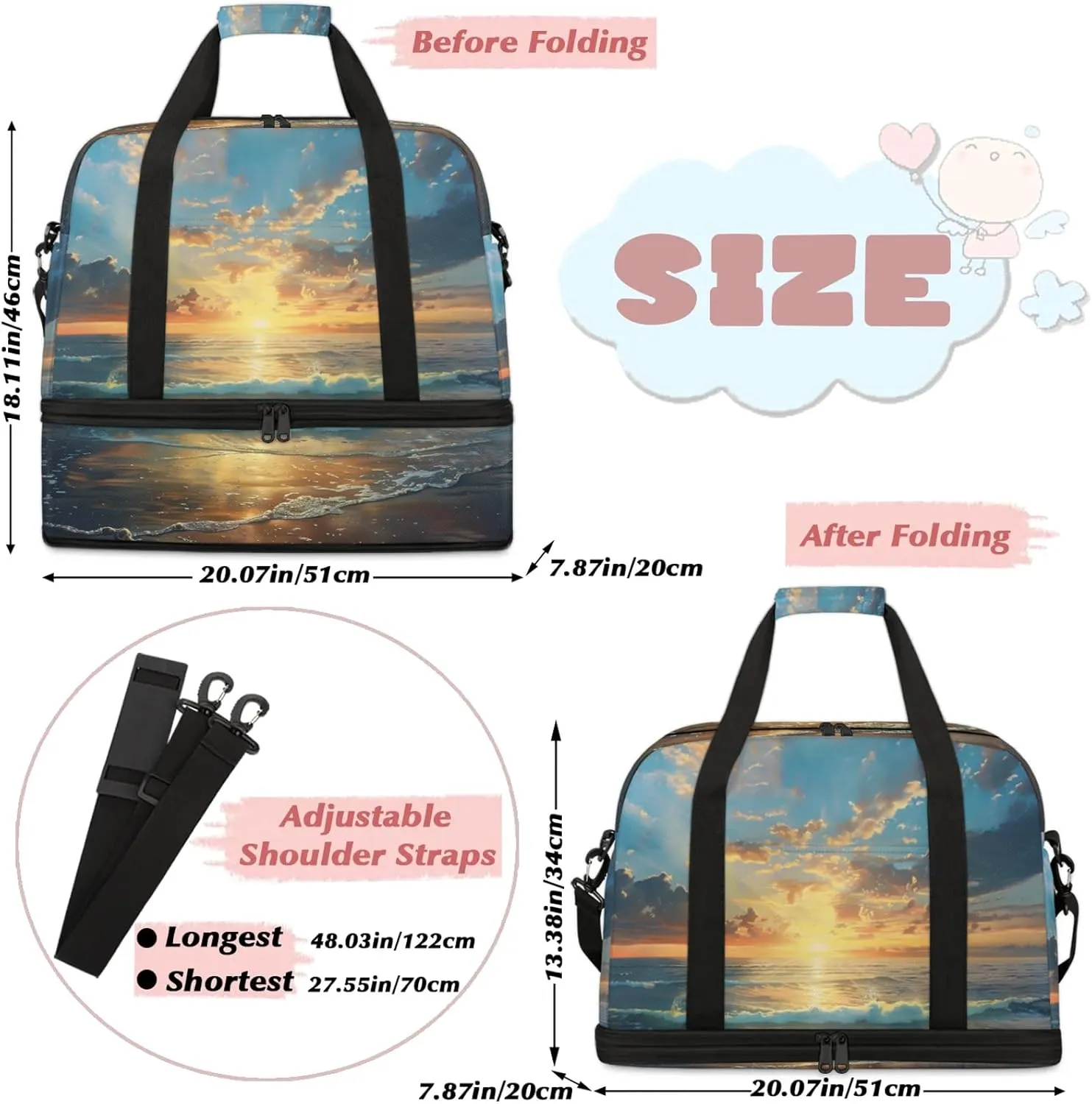 Ocean Sunset CloudTravel Duffel Bags for Women & Men Large Sports Gym Bags Foldie Weekender Overnight Bag Carry On Tote Bag With Shoe Compartment Personal Item Bag for Travel Sports Gym