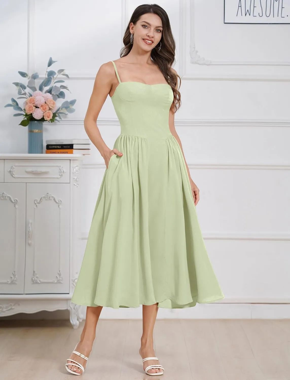ODIZLI Womens Corset Dress Summer Sundress Spaghetti Straps Low Cut Bustier Cami Midi Dress with Pockets Solid/Floral Print
