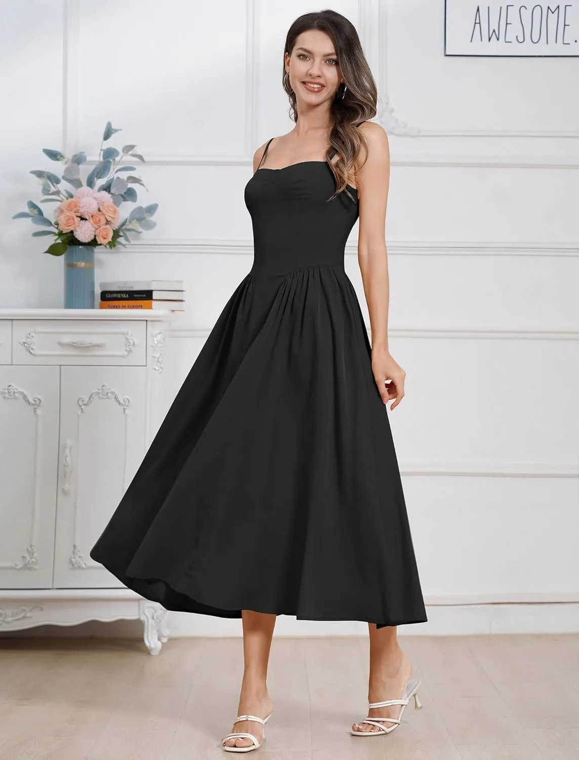 ODIZLI Womens Corset Dress Summer Sundress Spaghetti Straps Low Cut Bustier Cami Midi Dress with Pockets Solid/Floral Print
