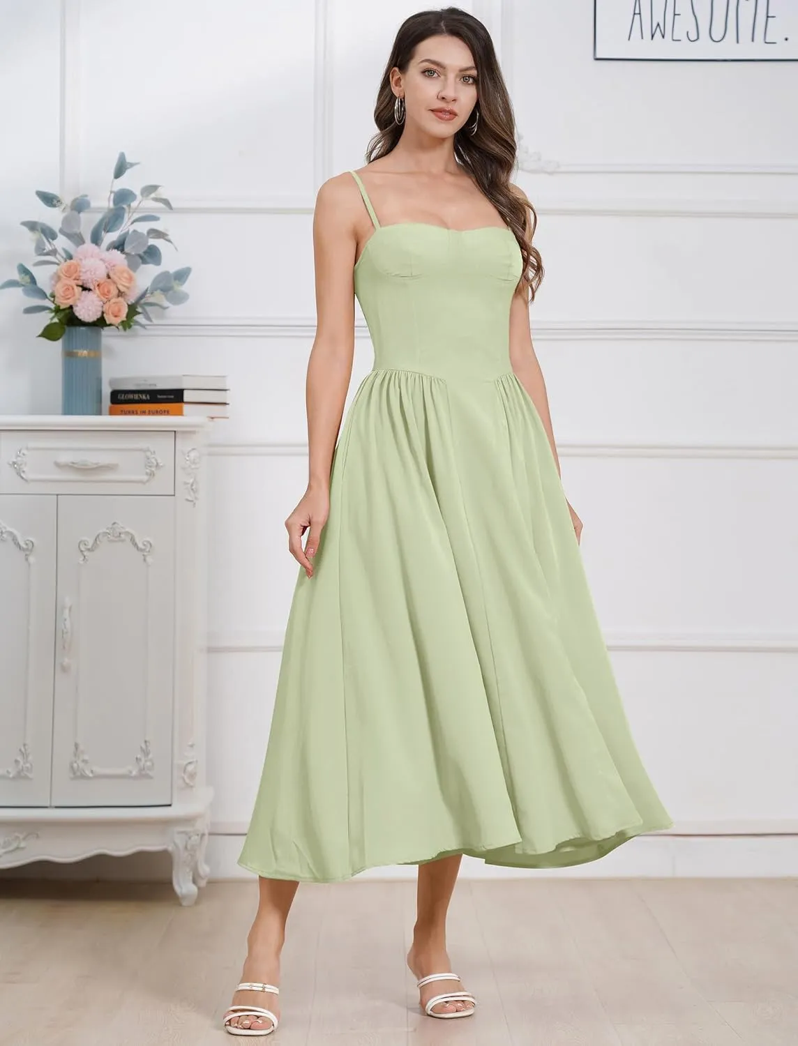 ODIZLI Womens Corset Dress Summer Sundress Spaghetti Straps Low Cut Bustier Cami Midi Dress with Pockets Solid/Floral Print