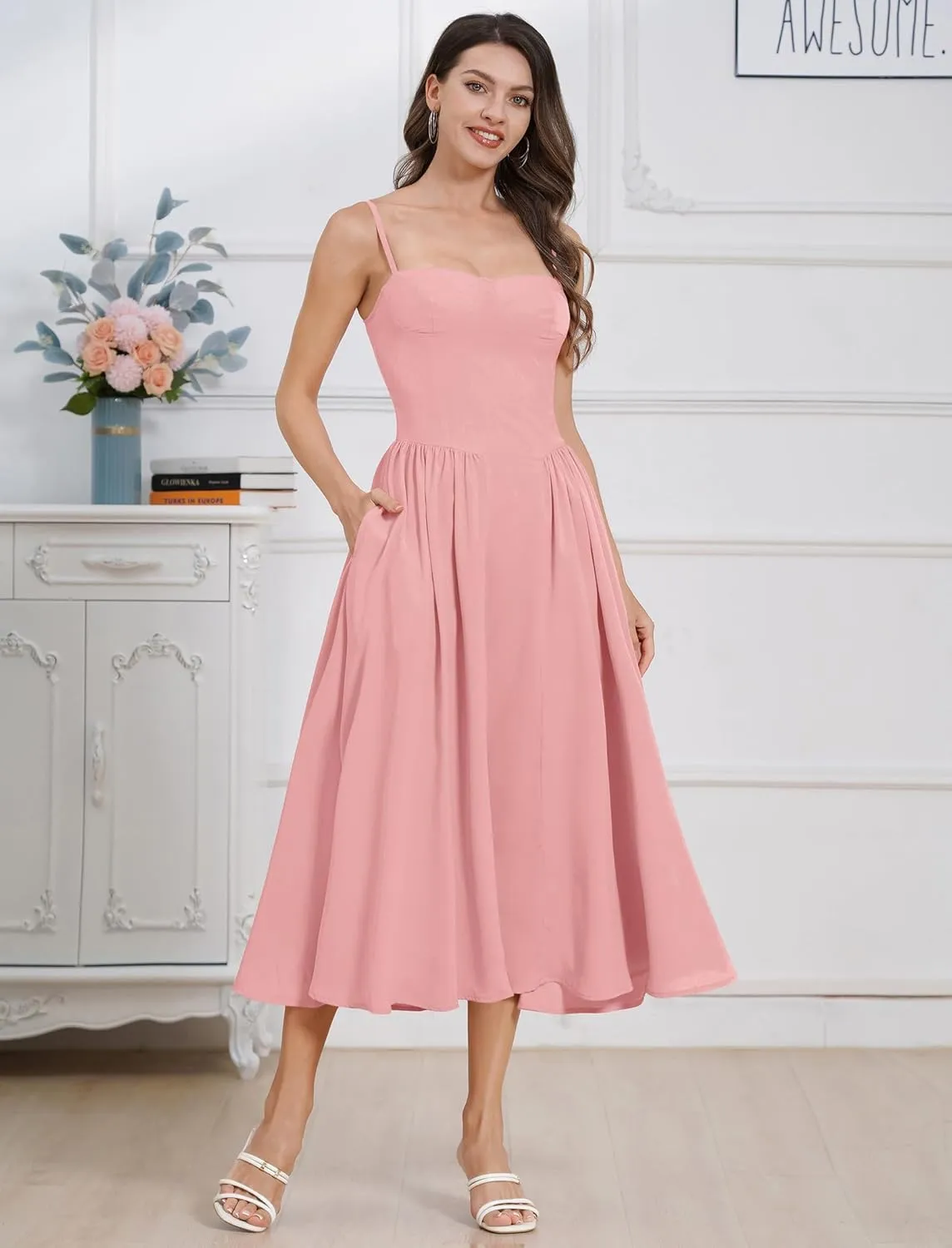 ODIZLI Womens Corset Dress Summer Sundress Spaghetti Straps Low Cut Bustier Cami Midi Dress with Pockets Solid/Floral Print