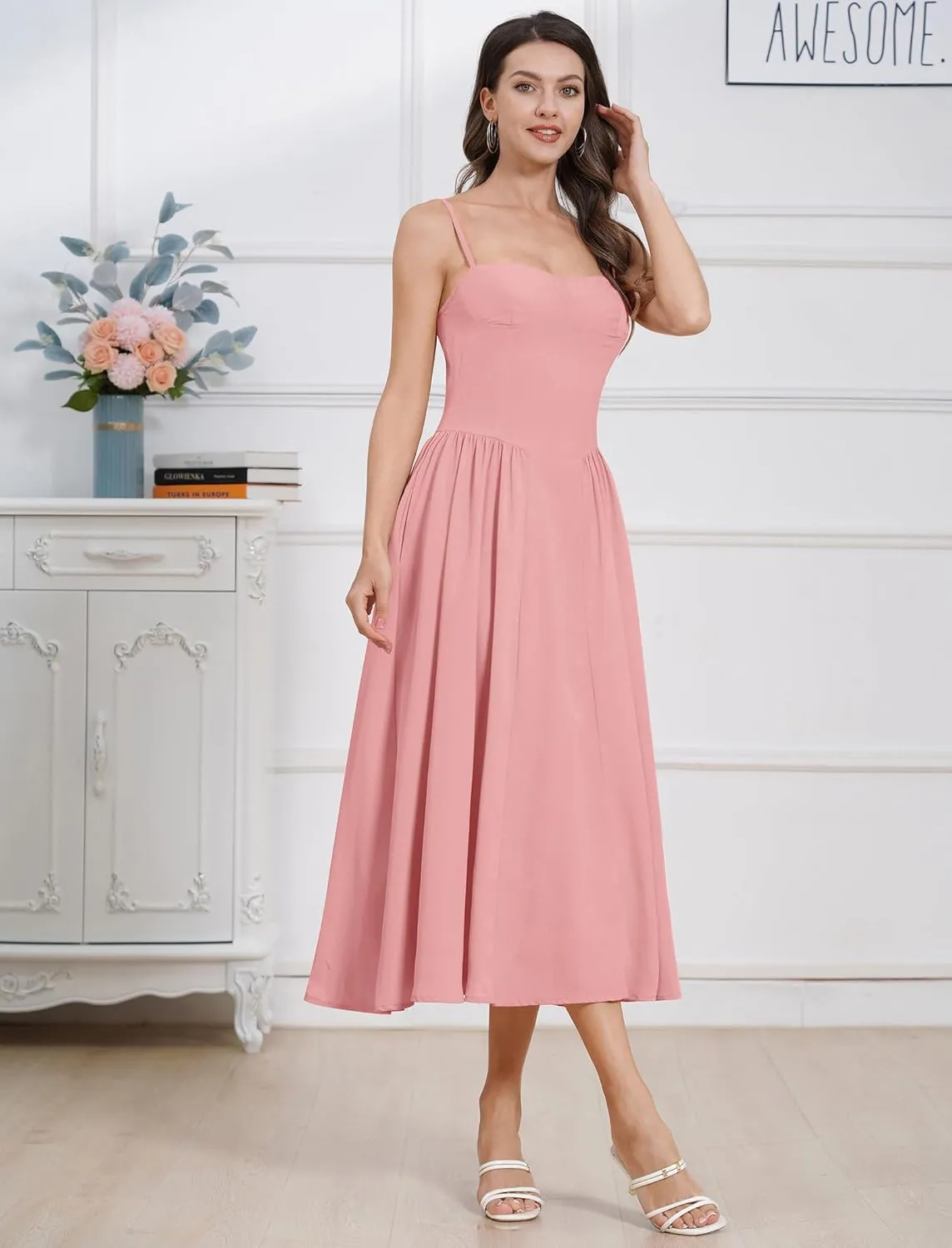 ODIZLI Womens Corset Dress Summer Sundress Spaghetti Straps Low Cut Bustier Cami Midi Dress with Pockets Solid/Floral Print