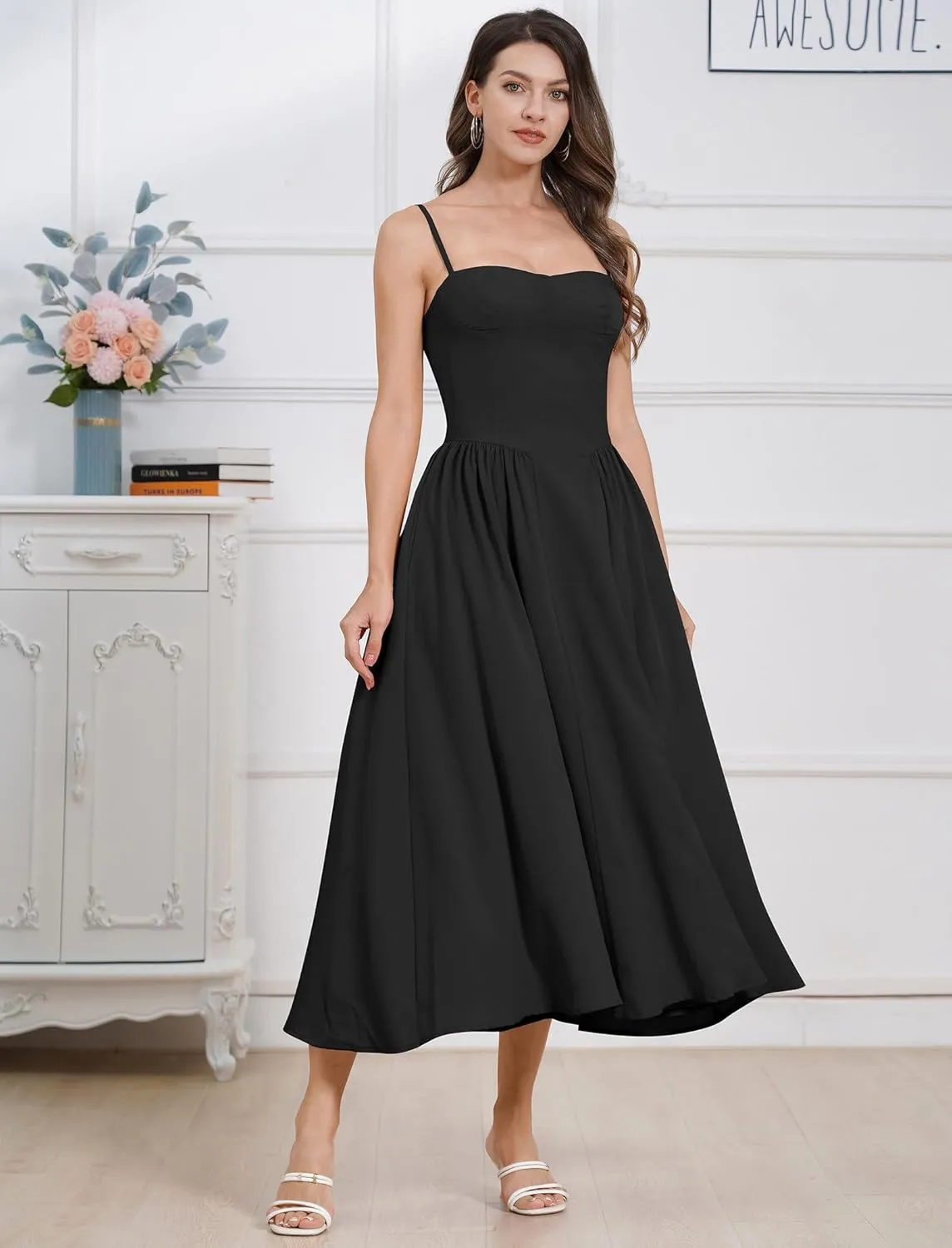 ODIZLI Womens Corset Dress Summer Sundress Spaghetti Straps Low Cut Bustier Cami Midi Dress with Pockets Solid/Floral Print