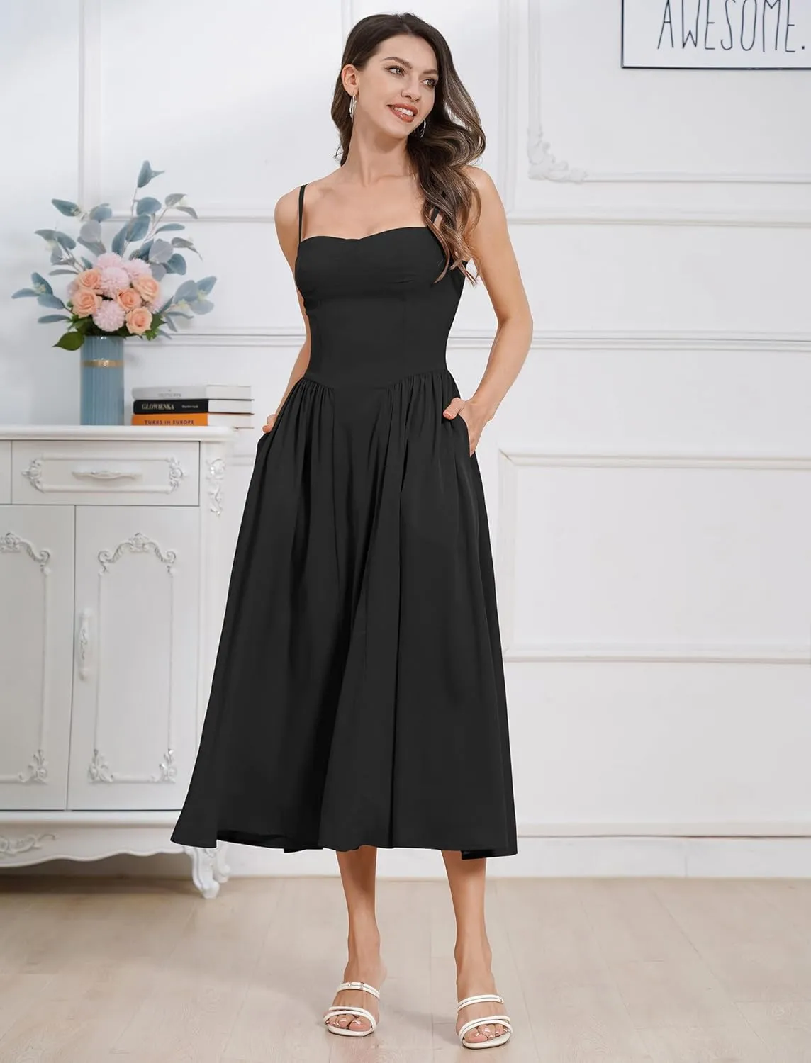 ODIZLI Womens Corset Dress Summer Sundress Spaghetti Straps Low Cut Bustier Cami Midi Dress with Pockets Solid/Floral Print