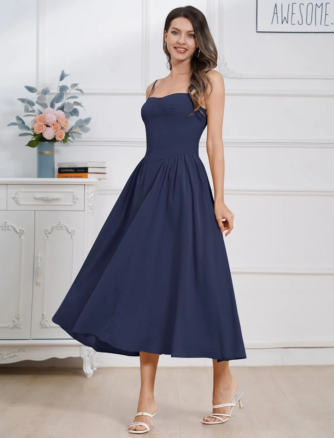 ODIZLI Womens Corset Dress Summer Sundress Spaghetti Straps Low Cut Bustier Cami Midi Dress with Pockets Solid/Floral Print