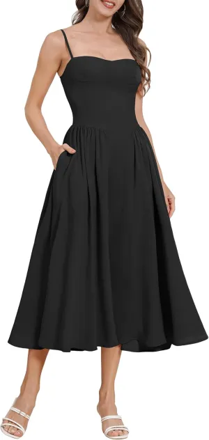 ODIZLI Womens Corset Dress Summer Sundress Spaghetti Straps Low Cut Bustier Cami Midi Dress with Pockets Solid/Floral Print