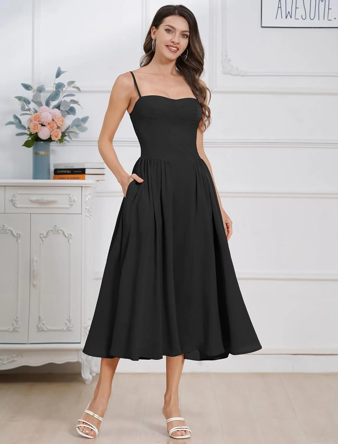 ODIZLI Womens Corset Dress Summer Sundress Spaghetti Straps Low Cut Bustier Cami Midi Dress with Pockets Solid/Floral Print