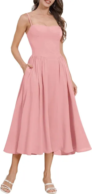 ODIZLI Womens Corset Dress Summer Sundress Spaghetti Straps Low Cut Bustier Cami Midi Dress with Pockets Solid/Floral Print