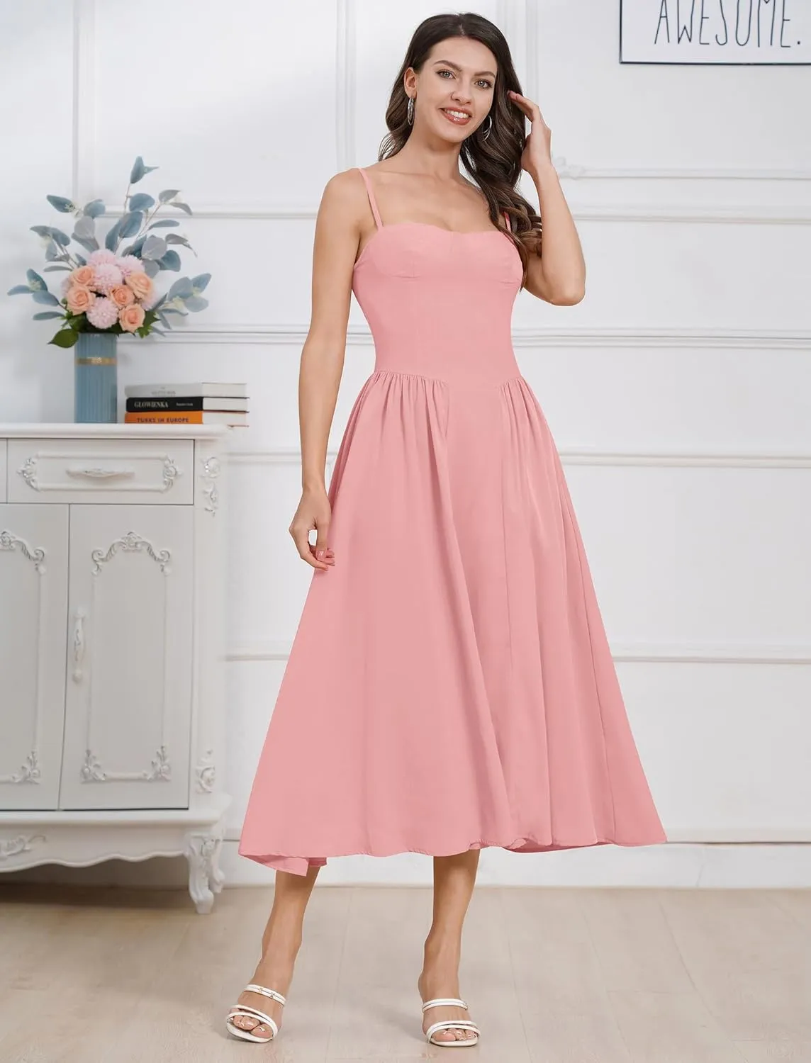 ODIZLI Womens Corset Dress Summer Sundress Spaghetti Straps Low Cut Bustier Cami Midi Dress with Pockets Solid/Floral Print
