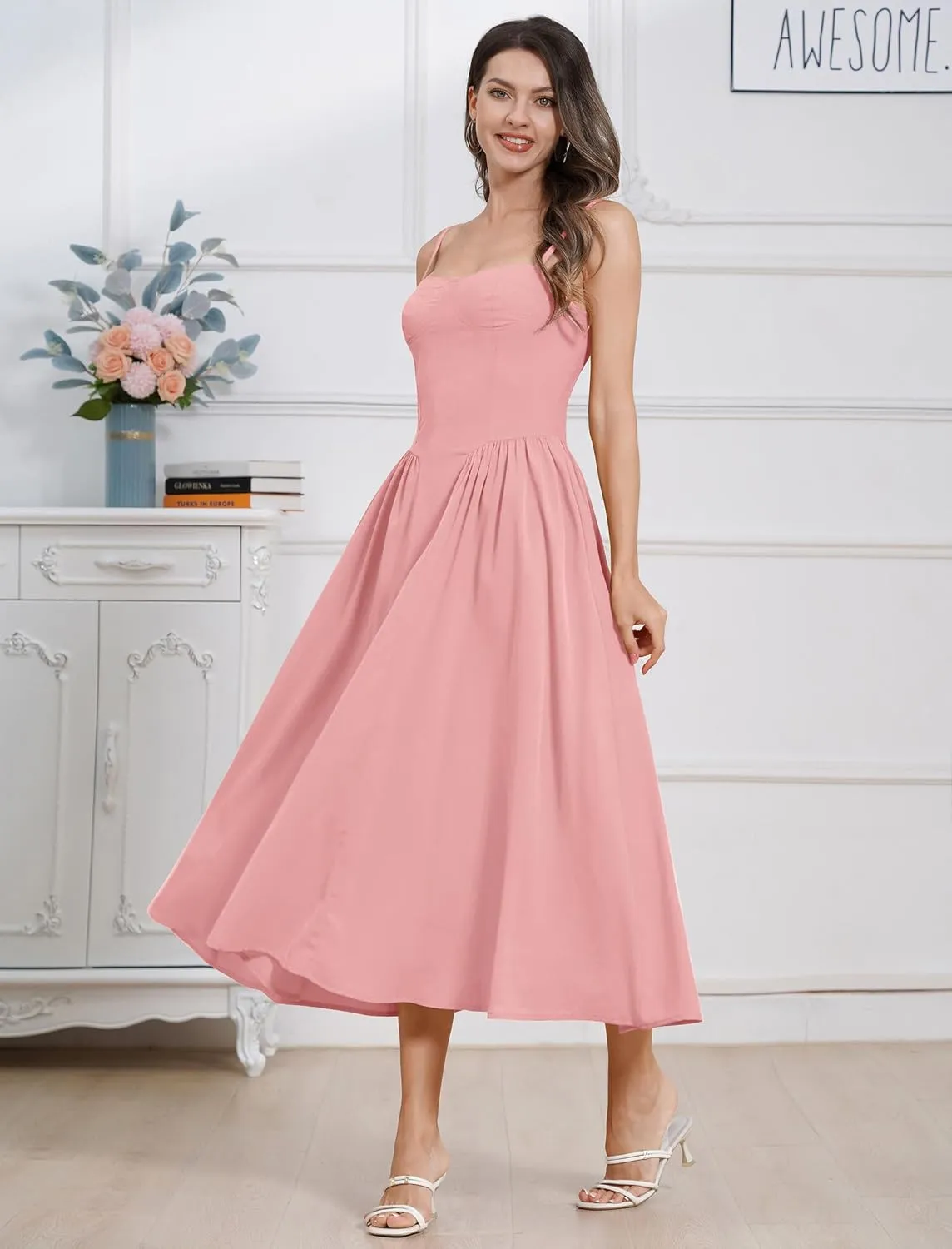 ODIZLI Womens Corset Dress Summer Sundress Spaghetti Straps Low Cut Bustier Cami Midi Dress with Pockets Solid/Floral Print