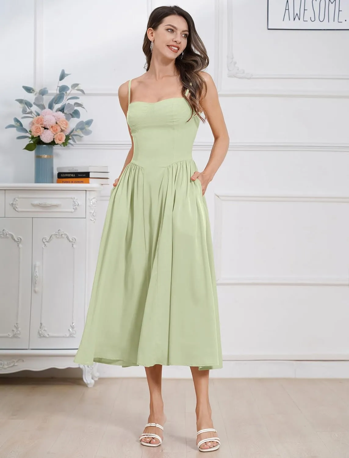 ODIZLI Womens Corset Dress Summer Sundress Spaghetti Straps Low Cut Bustier Cami Midi Dress with Pockets Solid/Floral Print