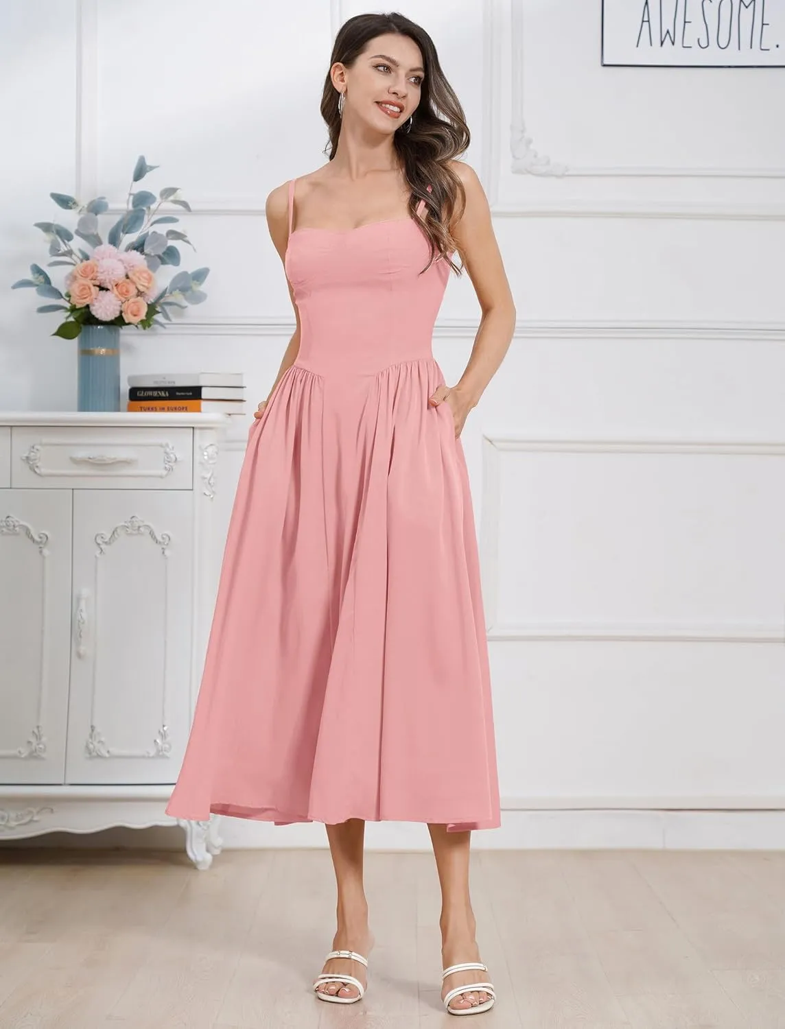 ODIZLI Womens Corset Dress Summer Sundress Spaghetti Straps Low Cut Bustier Cami Midi Dress with Pockets Solid/Floral Print