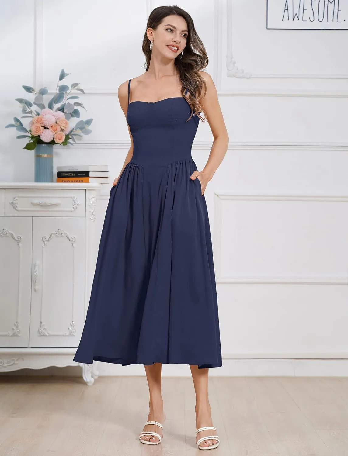 ODIZLI Womens Corset Dress Summer Sundress Spaghetti Straps Low Cut Bustier Cami Midi Dress with Pockets Solid/Floral Print