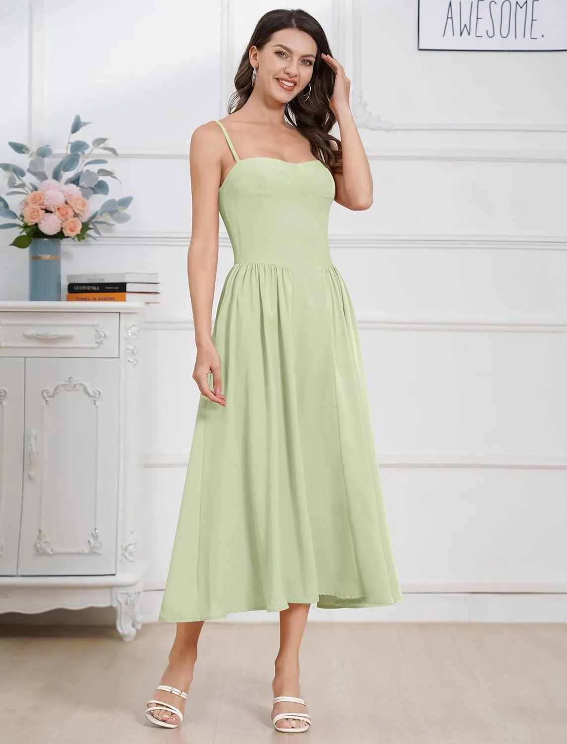 ODIZLI Womens Corset Dress Summer Sundress Spaghetti Straps Low Cut Bustier Cami Midi Dress with Pockets Solid/Floral Print