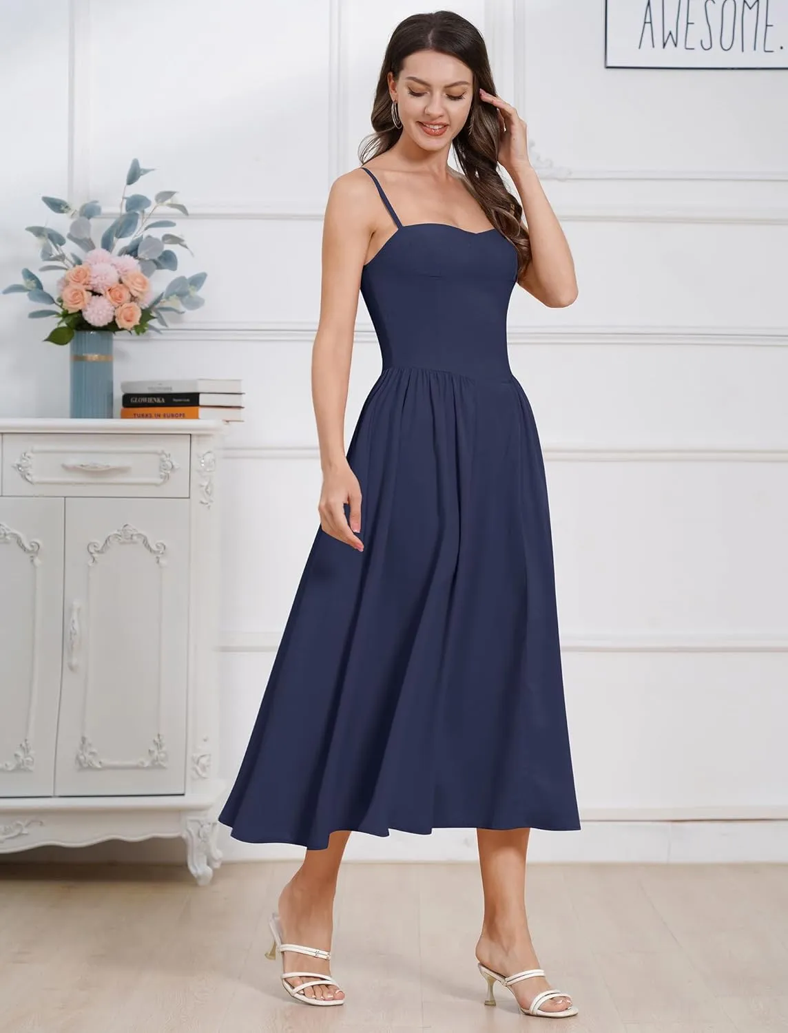 ODIZLI Womens Corset Dress Summer Sundress Spaghetti Straps Low Cut Bustier Cami Midi Dress with Pockets Solid/Floral Print