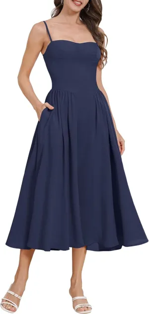 ODIZLI Womens Corset Dress Summer Sundress Spaghetti Straps Low Cut Bustier Cami Midi Dress with Pockets Solid/Floral Print