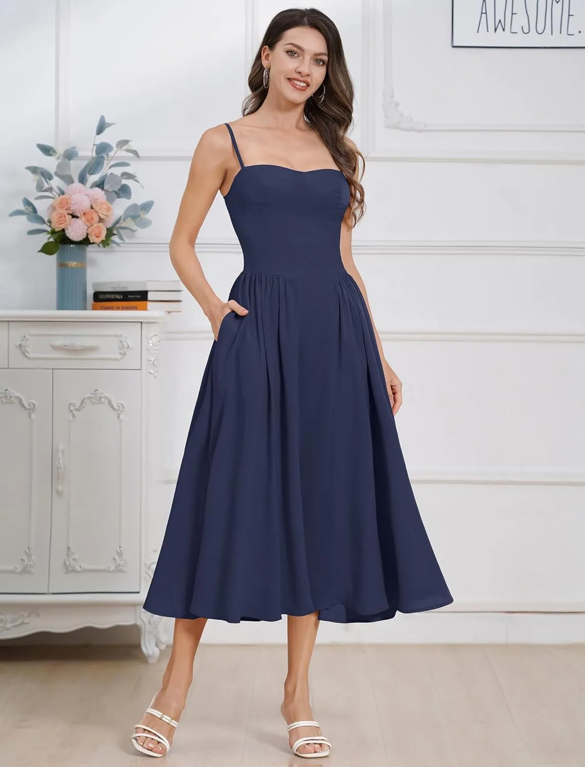 ODIZLI Womens Corset Dress Summer Sundress Spaghetti Straps Low Cut Bustier Cami Midi Dress with Pockets Solid/Floral Print