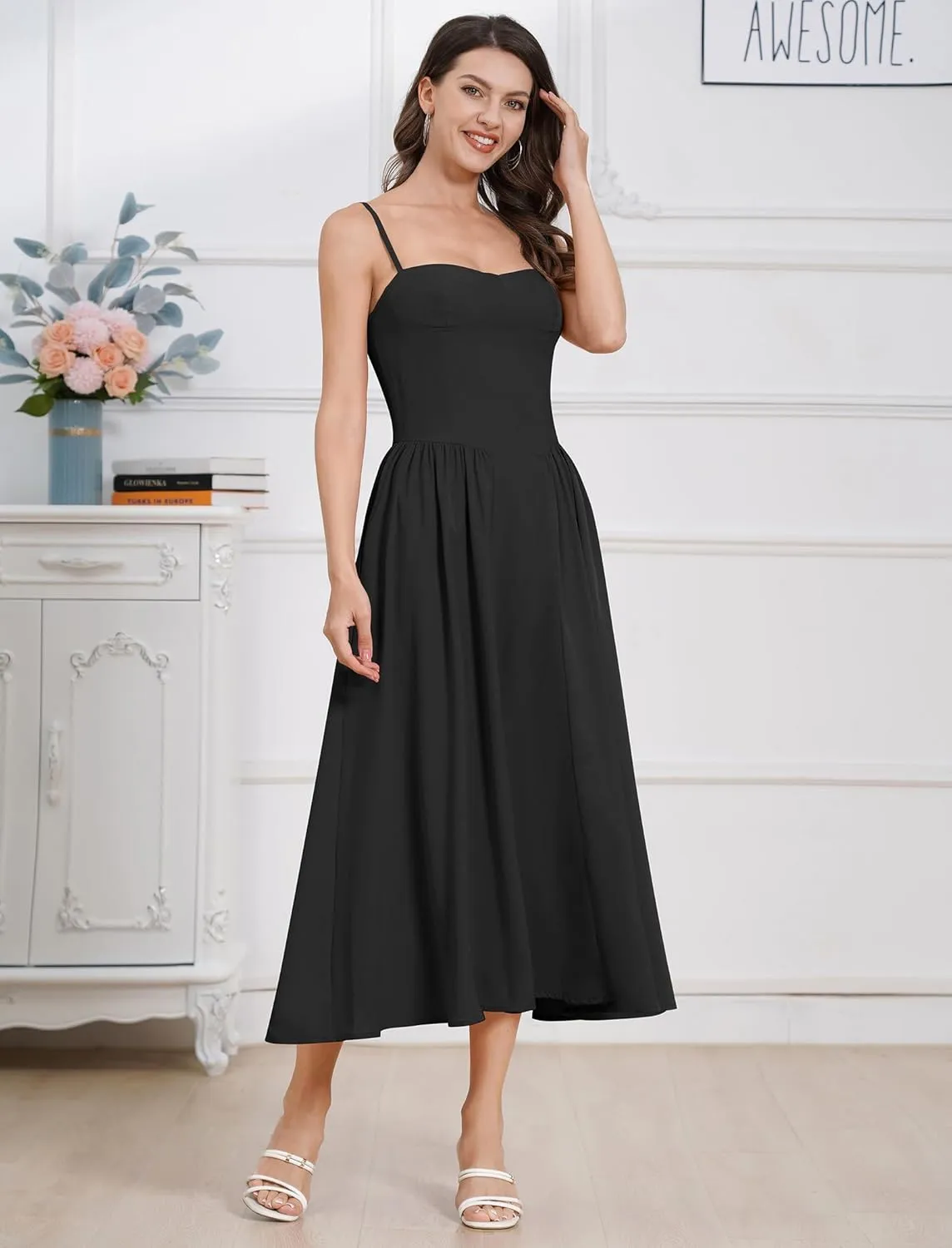ODIZLI Womens Corset Dress Summer Sundress Spaghetti Straps Low Cut Bustier Cami Midi Dress with Pockets Solid/Floral Print