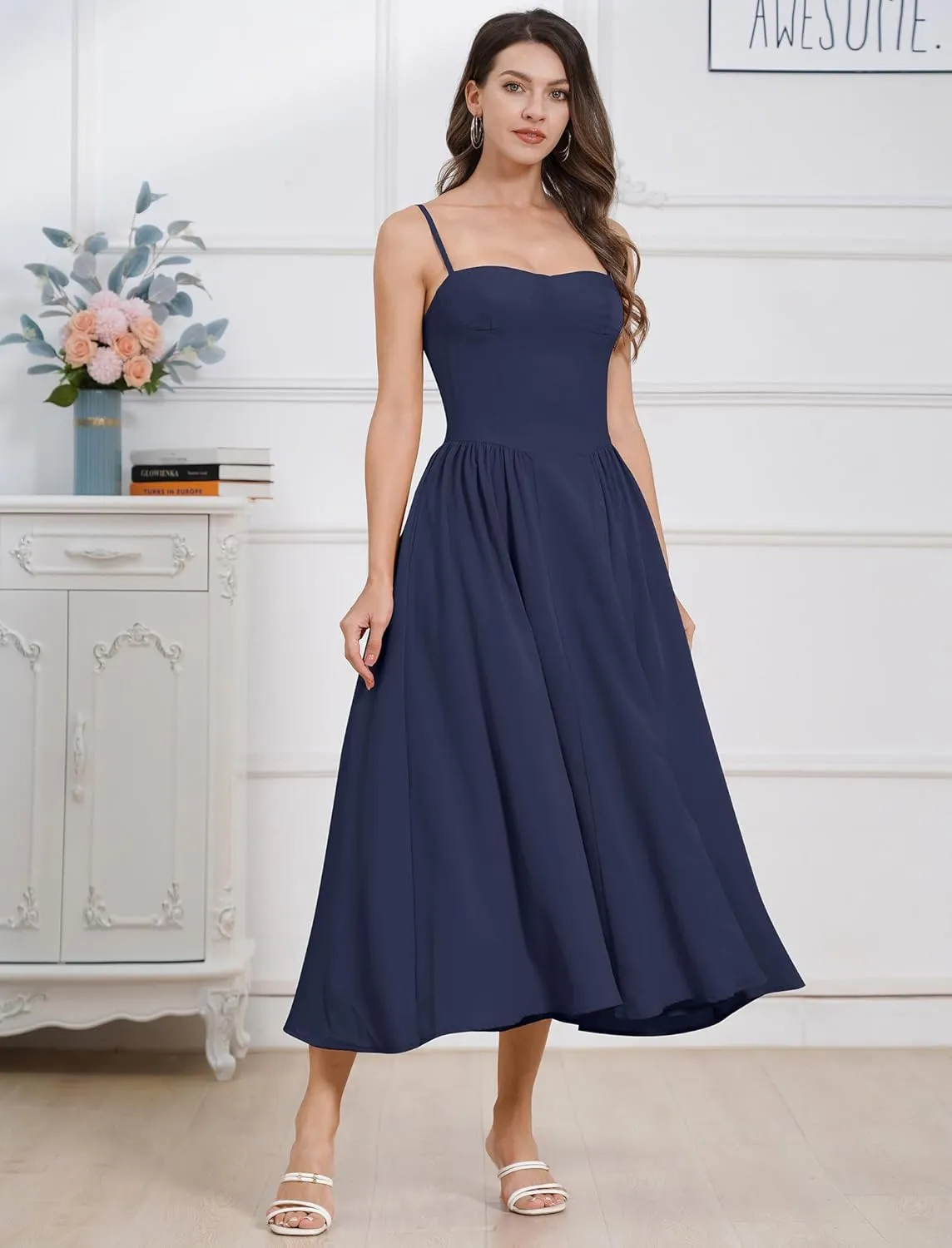 ODIZLI Womens Corset Dress Summer Sundress Spaghetti Straps Low Cut Bustier Cami Midi Dress with Pockets Solid/Floral Print