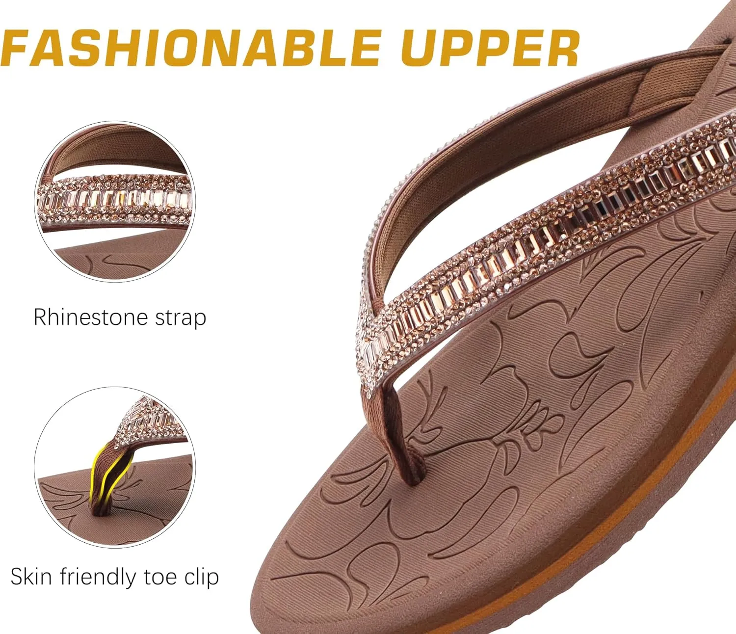 ONCAI Women's Flip Flops with Rhinestone, Arch Support Yoga Mat Comfort Walking Summer Beach Thong Sandals with Plantar Fasciitis Rubber Soles US Size 5-11