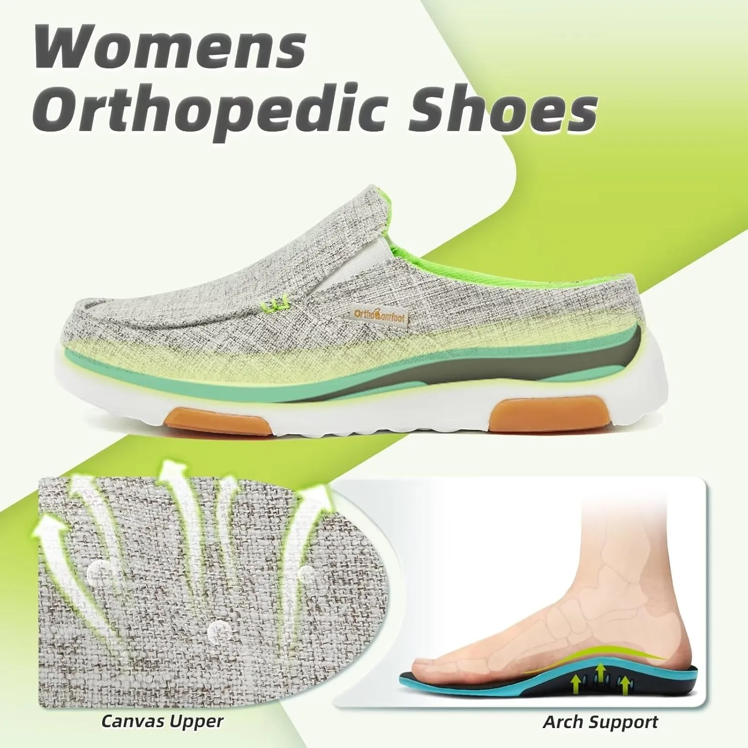 OrthoComfoot Women's Orthopedic Slip-On Loafers Walking Shoes: Comfortable Arch Support Slippers for Plantar Fasciitis, Casual Canvas Orthotic Mule Clogs for Foot Heel Pain Relief