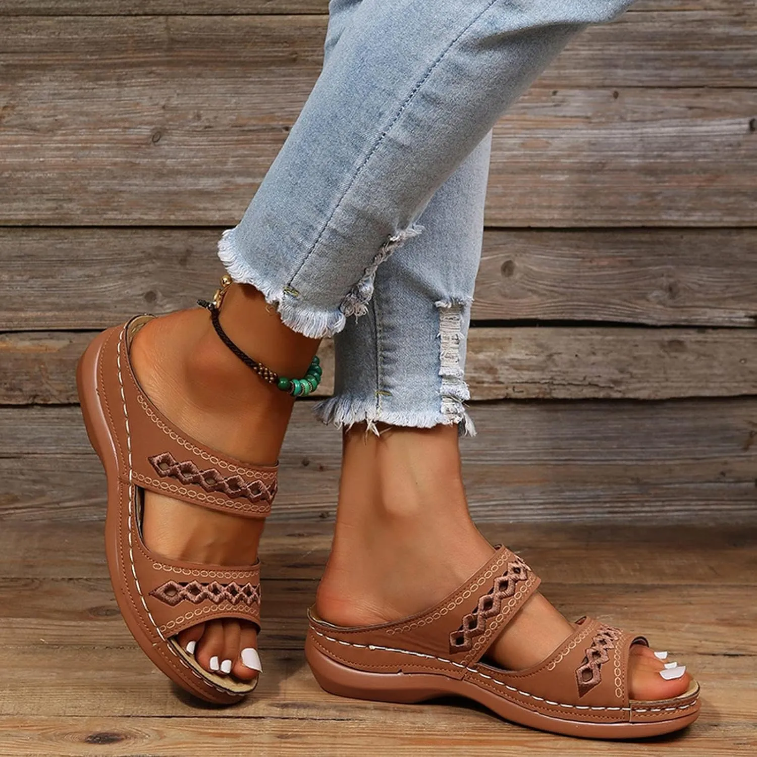 Orthopedic Sandals for Women Embroidered Wedge Perfectchose Arch Support Sandals Non-Slip Breathable Outdoor Walking Shoes Lightweight Memory Foam Platform Shoes